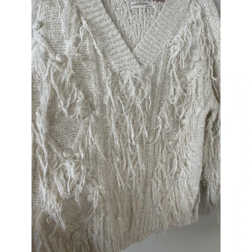 Anthropologie Fringed Boho Pullover Oversized Ivory Preppy Sweater Top Sz M New